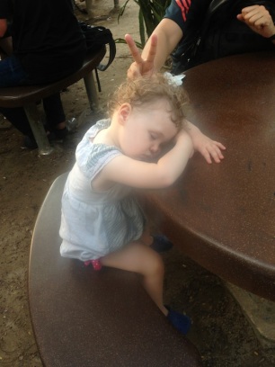 Napping at the dinner table, in the middle of the hawker centre.